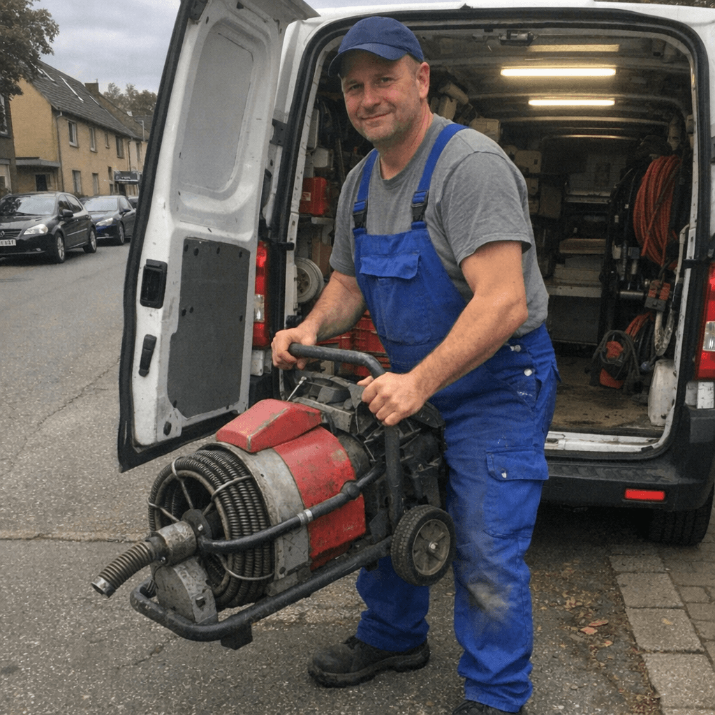 Erfahrener Techniker für Essen Rohrreinigung vor dem Einsatzfahrzeug mit Werkzeug