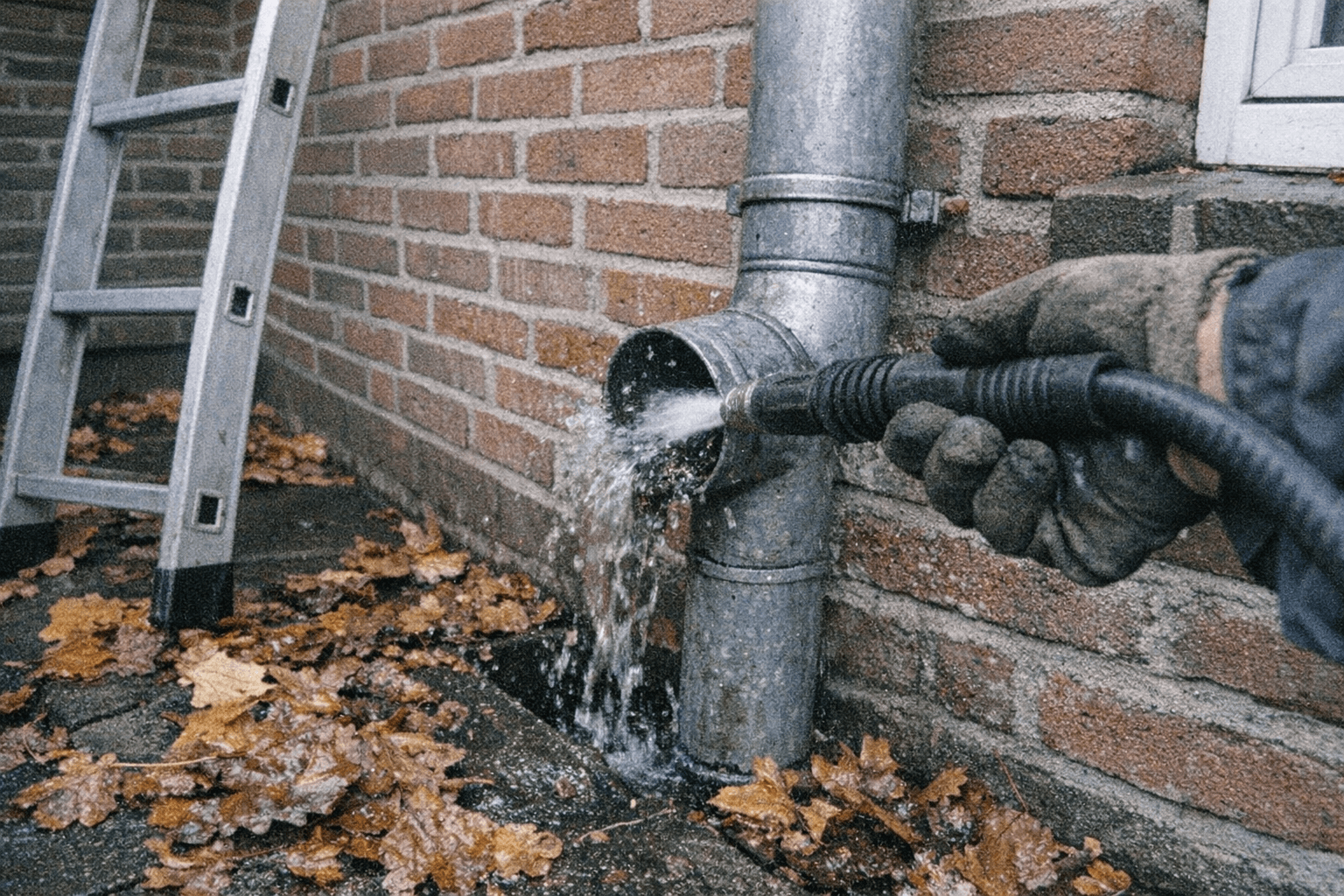 Reinigung eines Regenwasserfallrohrs an einer Hausfassade