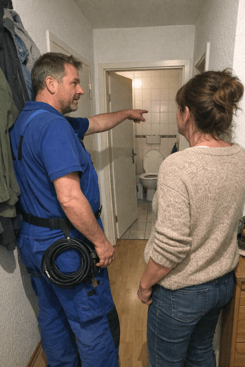 Freundlicher Handwerker erklärt dem Kunden die Vorgehensweise bei der Abflussreinigung