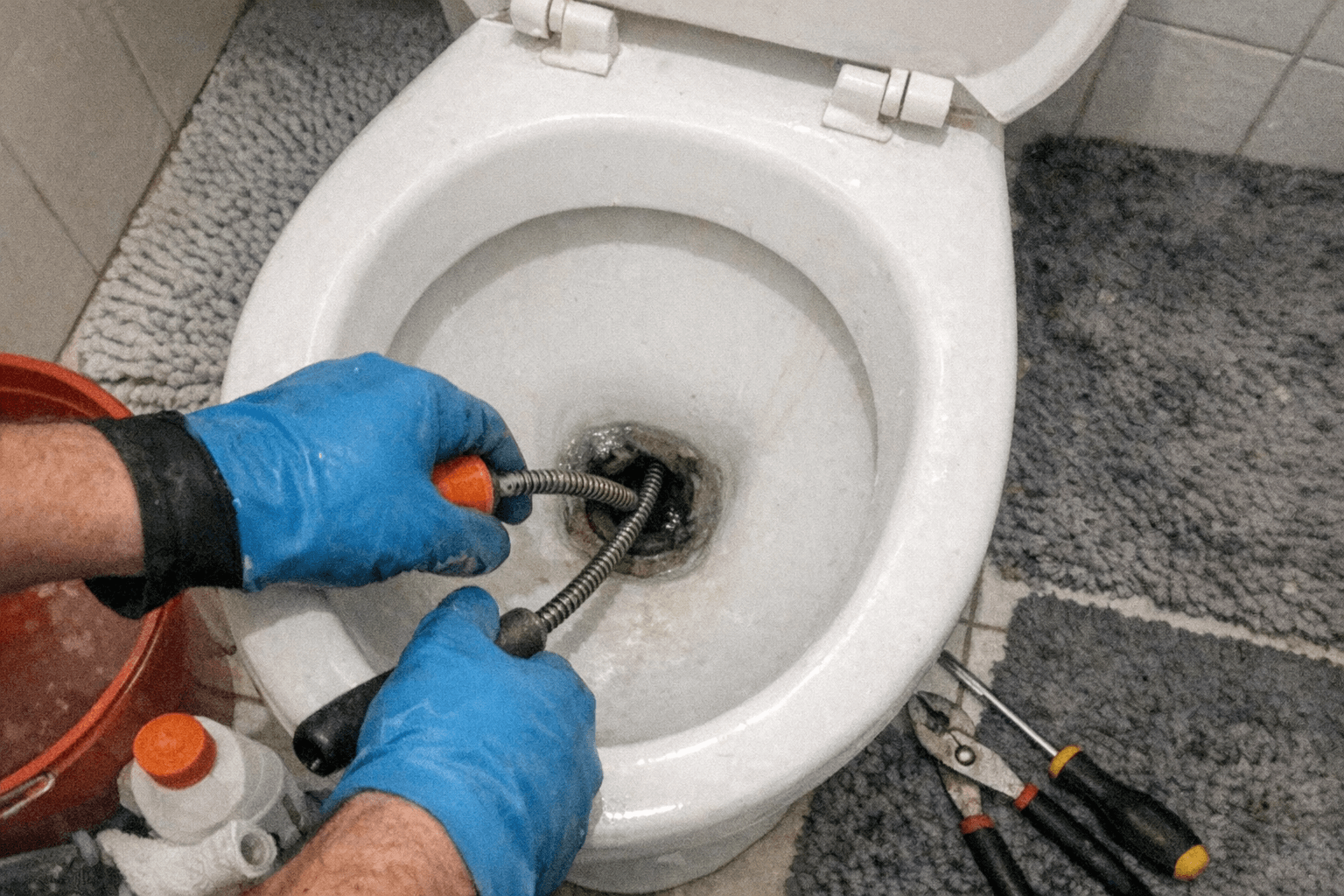 Spezialwerkzeug zur Beseitigung von Toilettenverstopfungen im Einsatz