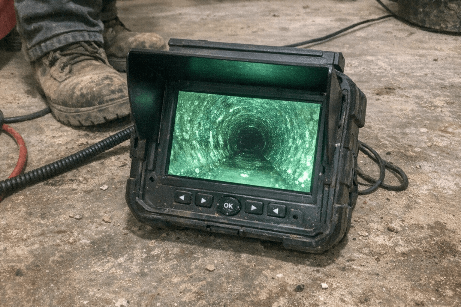 Monitoranzeige einer Kanalkamera Inspektion zur Dichtheitsprüfung