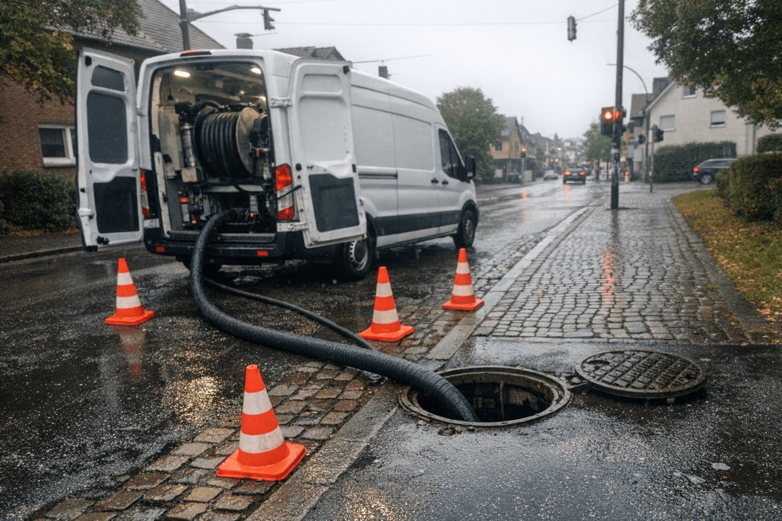 Hochdruckspülfahrzeug reinigt Abwasserkanal vor einem Wohnhaus